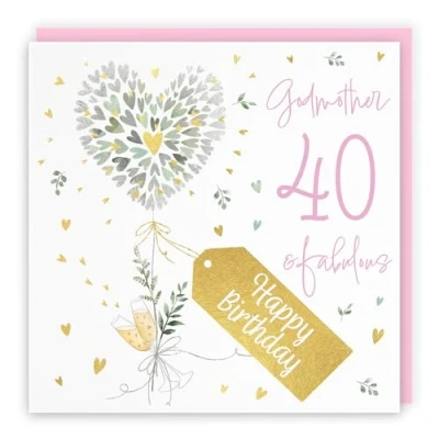 Image of Hunts England 40th Godmother Contemporary Hearts Birthday Card Luxury Gold Foil Milo&#039;s Gallery Age 40 Champagne, Pretty For Forty Fabulous Pink Envelope