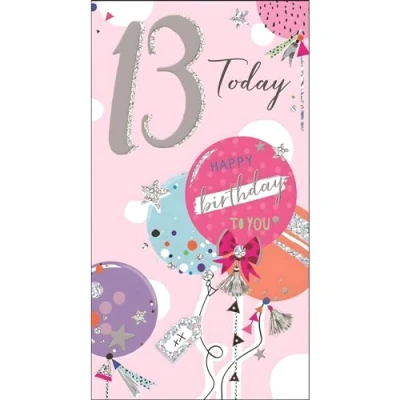 Image of Girls 13th Birthday Card Age 13 Special Finishes Contemporary Balloon Design Made in the UK Eco Friendly