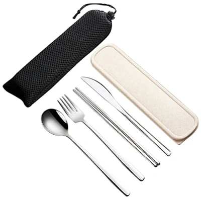 Image of VANRA 4 Piece Portable Travel Utensils Set with Case 18/10 Stainless Steel Flatware Reusable Cutlery Fork Spoon Knife Chopstick for Lunch Camping School Work Picnic (Silver)