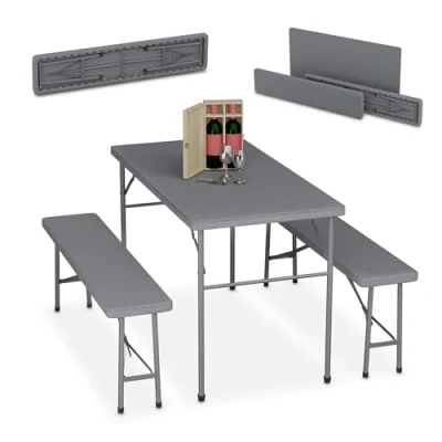 Image of Folding Garden Furniture Set of 3, Table &amp; Two Benches, Parties, Camping, hwd: 73 x 120 61 cm, Grey Relaxdays