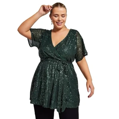 Image of Yours London Curve Sequin Wrap Top Women&#039;s Plus Size Green