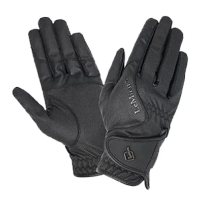Image of LeMieux Close Contact Glove Breathable Fabric Double Rein Grip Secure Hook &amp; Loop Fastening Textured Branding Black Small