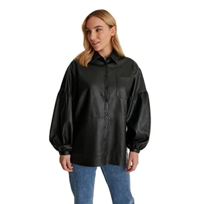 Image of NA KD Women&#039;s Oversized Puff Sleeve PU Shirt, Black, 20 UK
