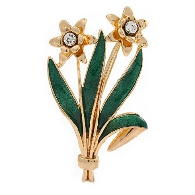 Image of Avalaya Crystal Daffodil with Green Enamel Leaves Floral Brooch in Gold Plating 60mm L