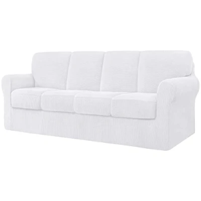 Image of CHUN YI 9 Pieces Stretch Sofa Cover 4 Seater with Four Separate Cushions and Backrests Stylish Jacquard Spandex Fabric Slipcover for Living Room Furniture Protector(4 Seater，White
