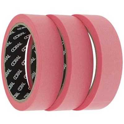 Image of Coral 71600 Precision Masking Tape Low Tack Clean Edges on Sensitive Surfaces Pink Washi Paper 1 inch 25M roll 3 Piece Pack Set