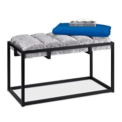 Image of Relaxdays Bench, Velvet Cover, Metal, H x W D: approx. 47 80 40 cm, Grey/Black, Iron