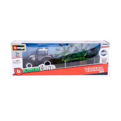 Image of Bburago B18 31673 Die Cast VALTRA M2Q Tractor with Working Whirl RAKE Vehicle, Green