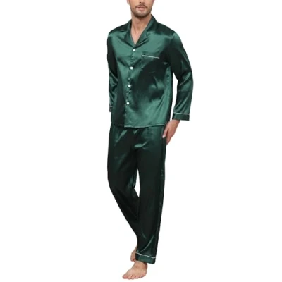 Image of Reliwel Mens Silk Pyjamas Long Sleeve Button Down Sleepwear Two Pieces for Men Notch Collar Warm Loungewear Winter Men&#039;s Nightwear Pjs S XXL Dark Green