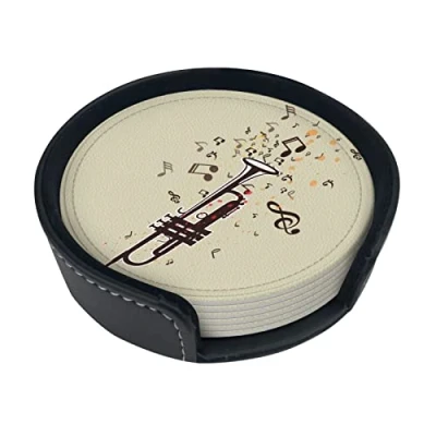 Image of Round Coasters, Music,Mugs Pad Cups Mat Set of 6 Leather Drinks Coasters with Holder