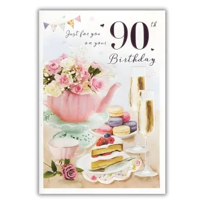 Image of Female 90th Birthday Card for Her Age 90 Floral Teapot, Champagne and Cake Artistic Design Special Finishes Illustrated Insert Leaf Made in the UK