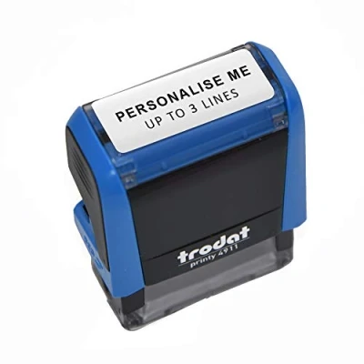 Image of Trodat Blue Printy 4911 Personalised Custom Office, Business and Teacher Stamp Allows Up to 3 Lines of Text Impression Size 37 x 11 mm Self Inking with 5 Ink Pad Colours Choose from