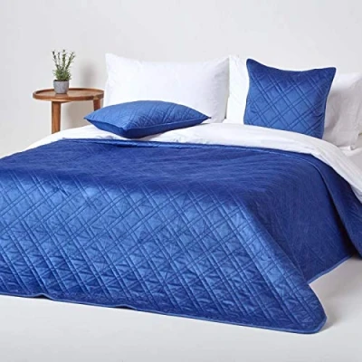 Image of HOMESCAPES Navy Blue Velvet Bedspread Quilted Geometric Throw for Double Bed 200 x cm