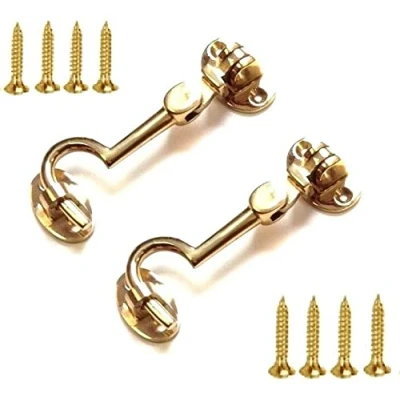 Image of TERF® 75mm Heavy Duty Polished Brass Cabin Door Hook and Eye Lock (3 inch) Cabinet Latch Including Fixing Screw for Gate Window Closet Shed Pack of 2