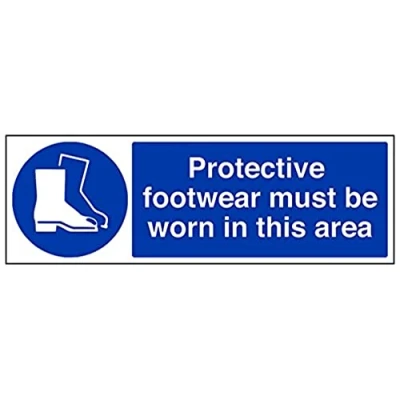Image of VSafety Protective Footwear Must Be Worn In This Area PPE Sign Landscape 450mm x 150mm Self Adhesive Vinyl