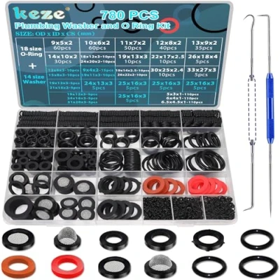 Image of KEZE 680 PCS Rubber Washer Assortment Kit 14 Size Water Hose Washers and 18 Nitrile O Ring Set for Outside Faucet Spigot Garden Pressure Plumbing Repair OD 5 33MM