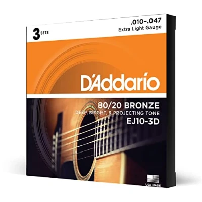 Image of D&#039;Addario Guitar Strings Acoustic 80/20 Bronze For 6 String Deep, Bright, Projecting Tone EJ10 3D Extra Light, 10 47 3 Pack