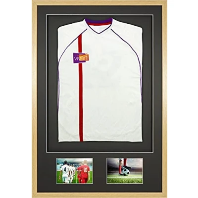 Image of Vivarti DIY Adult 3D Mounted + Double Aperture Sports Shirt Display Frame for Football Shirt, Rugby Band T Shadow Box 61 x 91.5cm Oak Frame, Black Mount, Backing Card