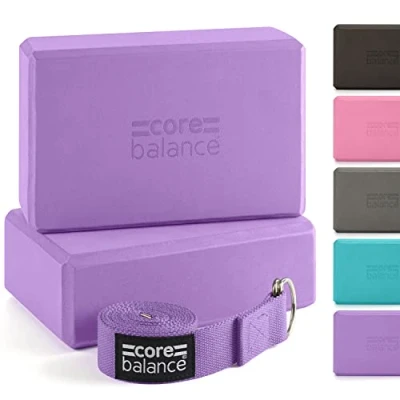 Image of Core Balance Yoga Blocks Set Of 2 High Density EVA Foam with Adjustable Metal D Ring Cotton Strap (Purple)