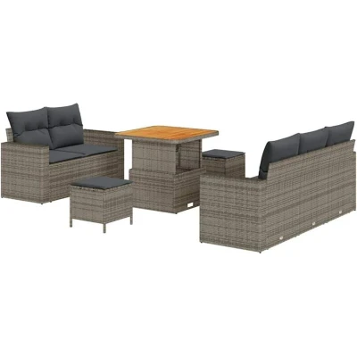 Image of vidaXL 8 Piece Garden Sofa Set with Cushions Grey Poly Rattan Acacia