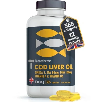 Image of Transforme Cod Liver Oil Capsules 1000mg 365 High Strength Omega 3 Softgels, EPA DHA Vitamins A &amp; D3, Full Year Supply, Gluten Free