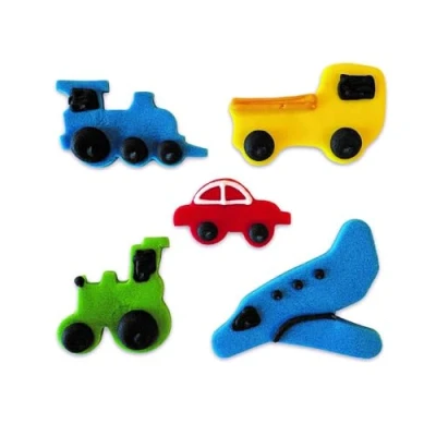 Image of Anniversary House Pack of 5 Transport Mix Edible Sugar Cake Decorations, Hand Made Toppers, Fondant Icing Cupcake Vehicles, Airplanes, Trucks, Trains, Tractor, Car, SF613