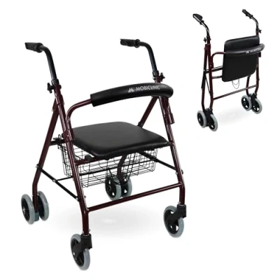 Image of Mobiclinic®, Prado Model, Walking Frame for Elderly People, Rollator, European Brand, Aluminum Lightweight and Foldable Walker with 4 Wheels, Pressure Breaks, seat, Basket; Colour: Pink