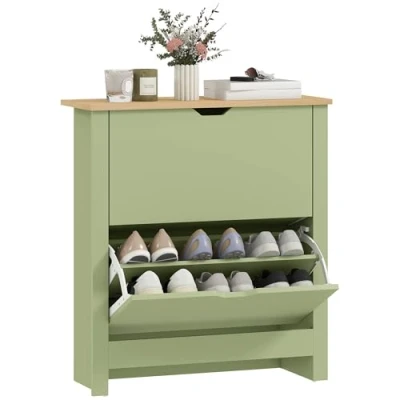 Image of HOMCOM Narrow Shoe Cabinet, Space Saving Storage Cabinet with 2 Flip Drawers and Adjustable Shelves for 12 Pairs of Shoes Hallways Living Room, Green