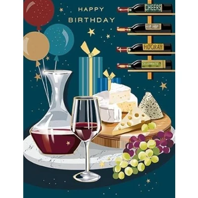 Image of Words N Wishes Male Birthday Card General for Men Red Wine and Cheese with an Embossed Foil Finish Eco Friendly Recyclable