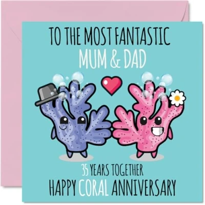 Image of Cute Coral Anniversary Card for Mum &amp; Dad 35 Years Together Happy 35th Wedding Cards Mum, 145mm x Greeting Thirty Fifth Anniversaries