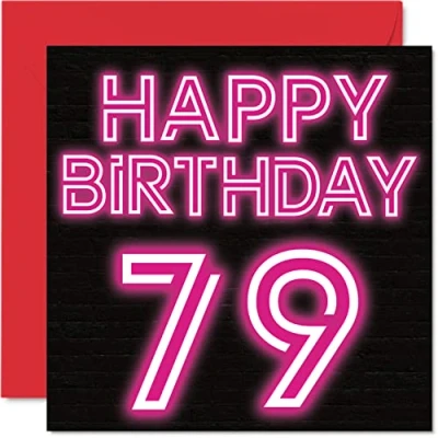 Image of Fun 79th Birthday Cards for Men Woman Neon Glow Happy Card Dad Mum Great Grandad Grandpa Nanny Grandma Gran Uncle Auntie, 145mm x Greeting Cards,