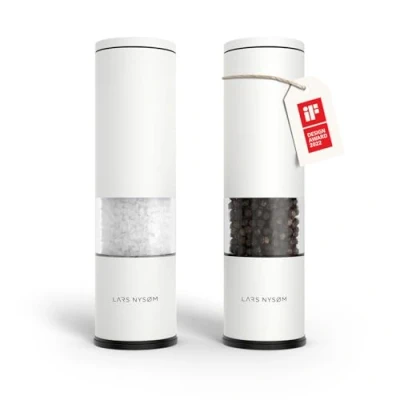 Image of LARS NYSØM Salt and Pepper Mills Set Stainless Steel with Adjustable Ceramic Grinder 2 Pieces I Design Spice Manual (Pure White)