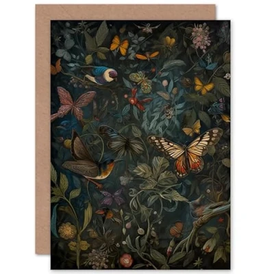 Image of Artery8 William Morris Style Plants Birds and Butterflies Nature Birthday Sealed Greeting Card Plus Envelope Blank inside