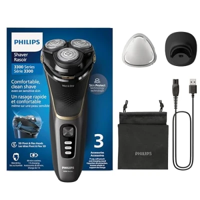 Image of Philips Electric Shaver 3000 Series Wet &amp; Dry for Men with SkinProtect Technology in Deep Black, Pop up Beard Trimmer, Charging Stand, Travel Pouch (Model S3342/13)