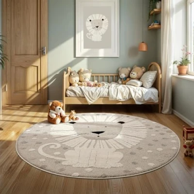 Image of the carpet Jungle Kids Children&#039;s Bedroom Rug, 3D Effect, Easy Care, Durable, Lion, 120 cm Round