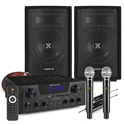 Image of VONYX Fenton AV430B Home Karaoke Setup Machine with Amplifier, Dual Wireless Microphones, Bluetooth, MP3 Player and Powerful Speakers for Adults Parties Gatherings, 600W