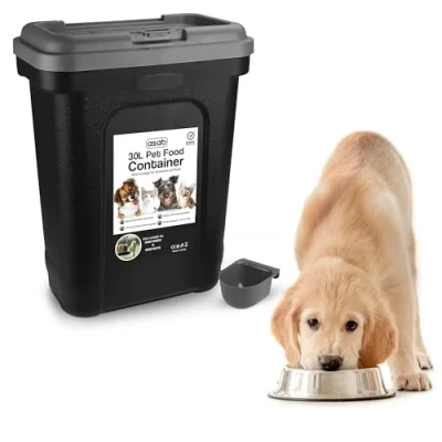 Image of ASAB Pet Food Storage Container Large 30L/15kg Plastic With Integrated Scoop and Flip Top Locking System Perfect for Dog Treats Kitten (Grey Large)