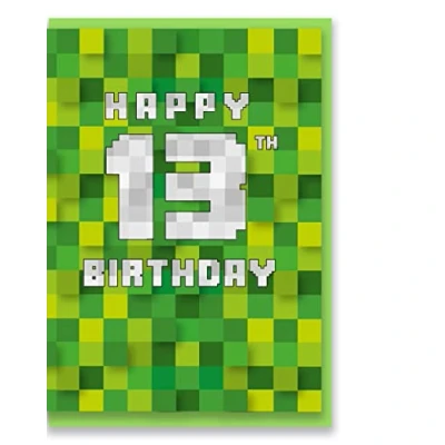 Image of Jonathan Glick Green Pixel Squares 13th Birthday Card Gaming Theme 175x126mm Designs Minecraft Inspired