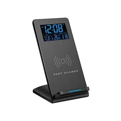 Image of ERNZI Qi Wireless Charger with Digital Alarm Clock, Phone holder, White Bedside Night Light, LED Display USB Port Charging for iPhone Samsung Android