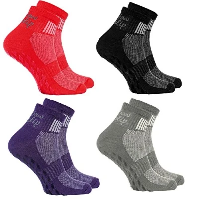 Image of Rainbow Socks Women Men Cotton Non Slip Grip ABS Sport 4 Pairs Black Grey Red Violet Size 6,5 8