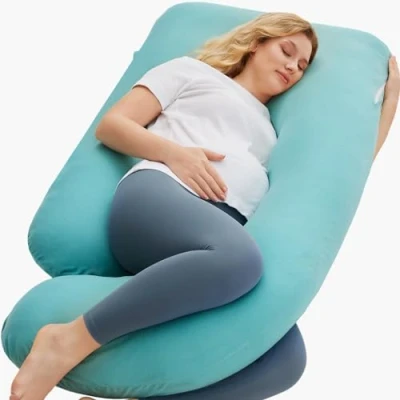 Image of momcozy U Shaped Pregnancy Pillows with Cotton Removable Cover, 57 Inch Full Body Pillow Maternity Support, Must Have for Pregnant Women, Green