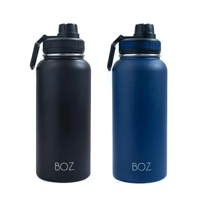 Image of BOZ Stainless Steel Water Bottles 2 Pack Bundle Blue Bottle + Black Insulated 1l Wide Mouth BPA Free Metal for Gym with Spout Lid