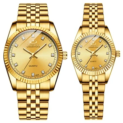 Image of JewelryWe Luxury Couple Watches Gold Silver Tone Stainless Steel Quartz Calendar Wristwatch Rhinestone His and Her Watch Set, for Anniversary, Wedding, Valentine&#039;s Day