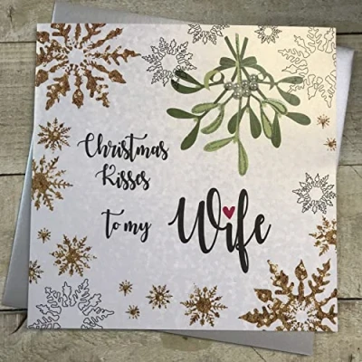 Image of WHITE COTTON CARDS XF2 W Large&quot;Christmas Kisses to My Wife&quot; Handmade Christmas Card