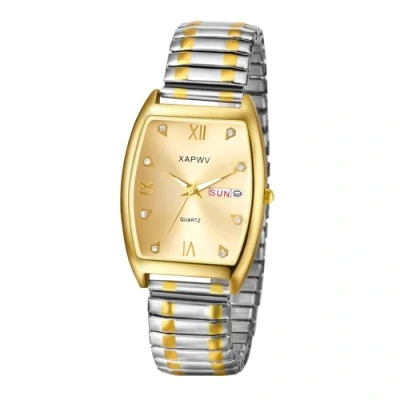 Image of JewelryWe Rectangular Calendar Elastic Watch: Analog Quartz Gold Plated Exquisite Stretch Band Watch Stainless Steel Strap Wristwatch for Men Father&#039;s Day