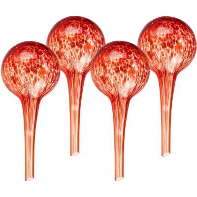 Image of Relaxdays Watering Globes, Set of 4, Glass, Small Size, HxD: 15 x 9 cm, Balls for Automatic Irrigation on Holiday, Red, 6 cm
