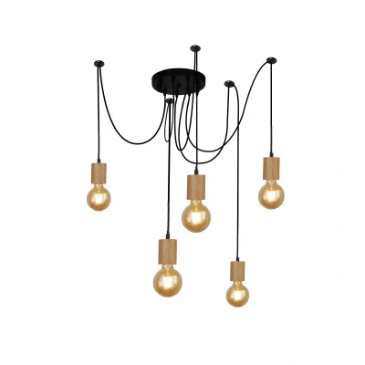 Image of Spinny 5 Light Ceiling Pendant, Wood &amp; Black Metal