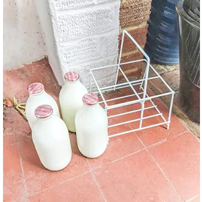 Image of AH® Premium Quality Steel Powdercoated White Four Compartment Nostalgia Milk Bottle Holder Wire Tidy Crate Rack Carry Carrier Doorstep Store Kitchen Storage Organiser Caddy with Integrated Handle