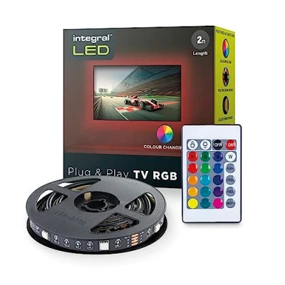 Image of Integral LED 2m USB Strip Light for 32 58in TV or Screen, Plug &amp; Play RGB Backlight, Colour Changing, Dimmable with IR Remote Control Adjustable and Brightness