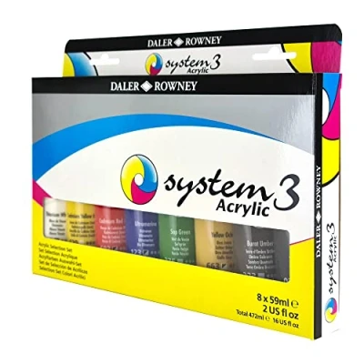 Image of Daler Rowney System3 59ml Acrylic Paint Selection Set, 8 x Assorted Vibrant Colours, Multi Surface, Ideal for Professional Artists &amp; Students
